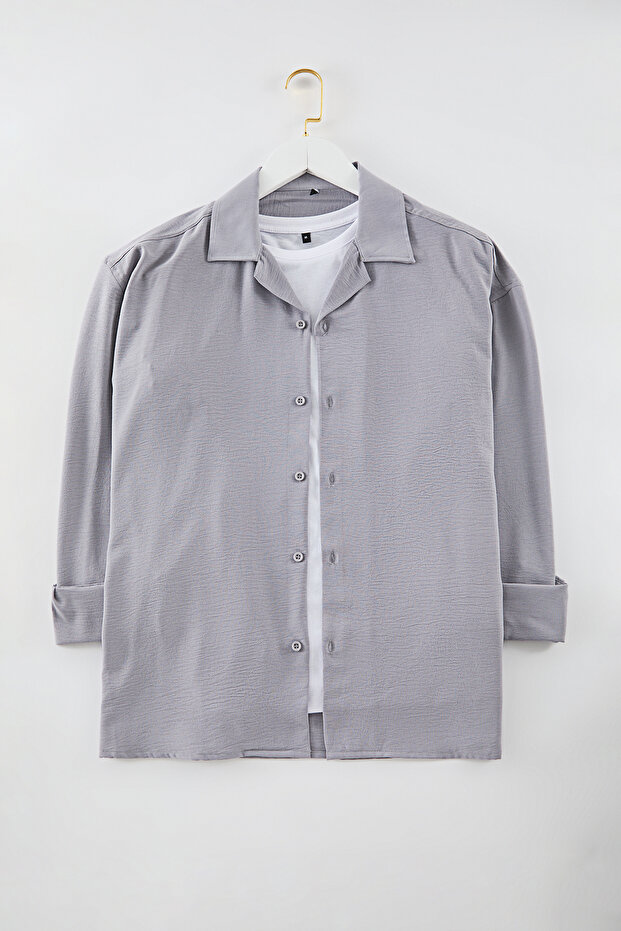 Gri Oversize Fit Apaş Yaka Yazlık Keten Görünümlü Gömlek TMNSS23GO00053 - 14