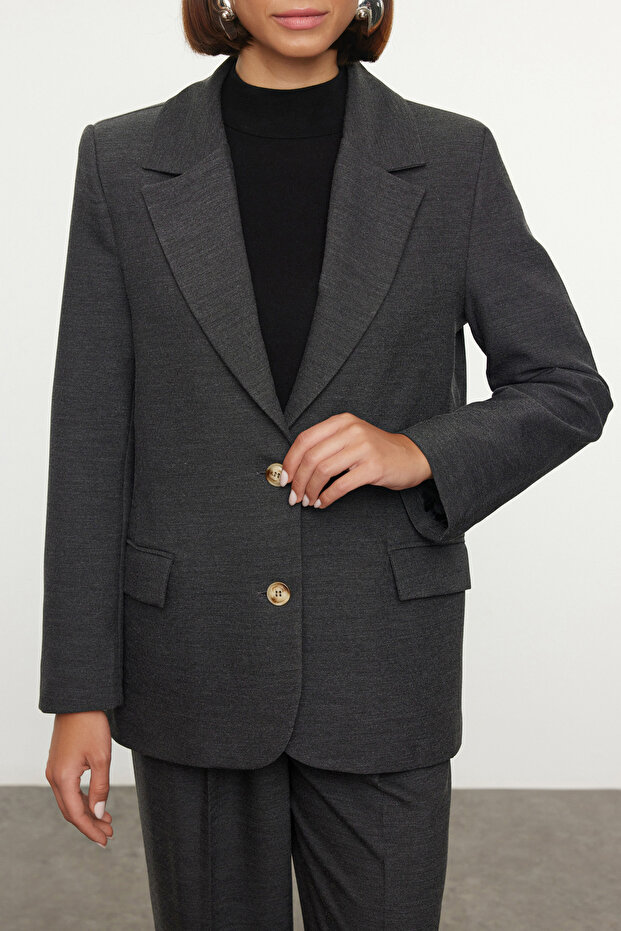 Siyah Poliviskon Basic Dokuma Blazer Ceket TWOAW23BC00132 - 3