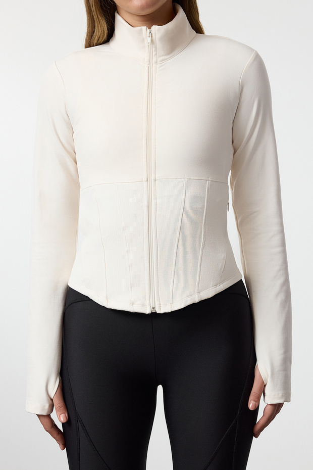 Ekru Fırçalı Soft Kumaş Baş Parmak Delikli Örme Spor Ceket/Sweatshirt THMAW25SK00001 - 3