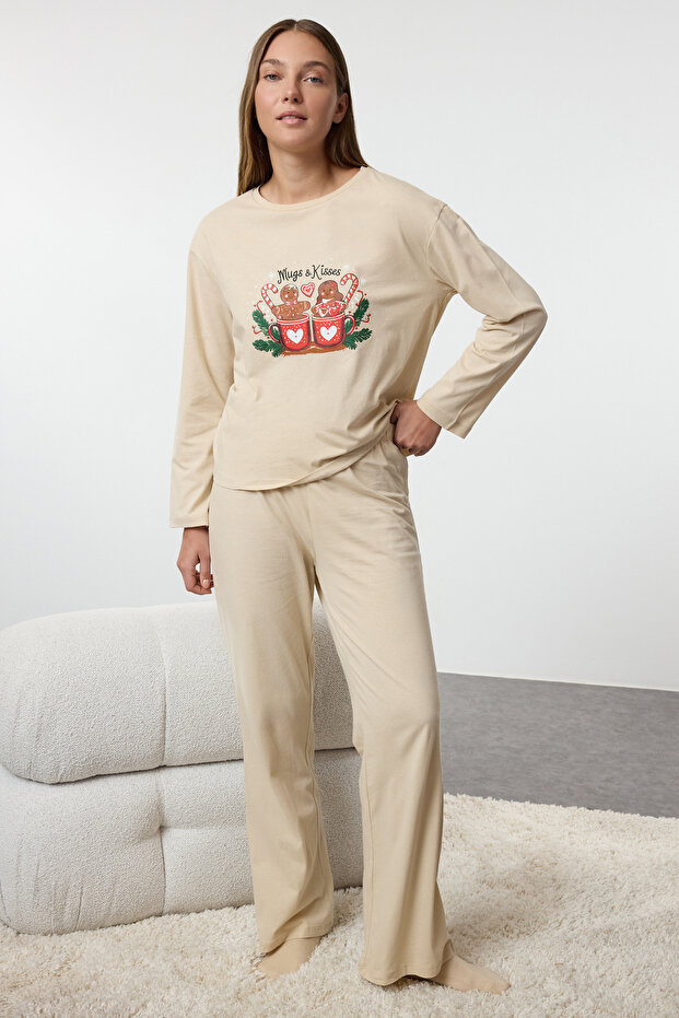 Kadın Couple/Çift Bej %100 Pamuklu Kış Yılbaşı Temalı Örme Pijama Takımı THMAW25PT00162 - 3