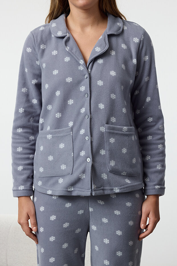 Gri Kış Temalı Cepli Polar Kışlık Örme Pijama Takımı THMAW25PT00071 - 3