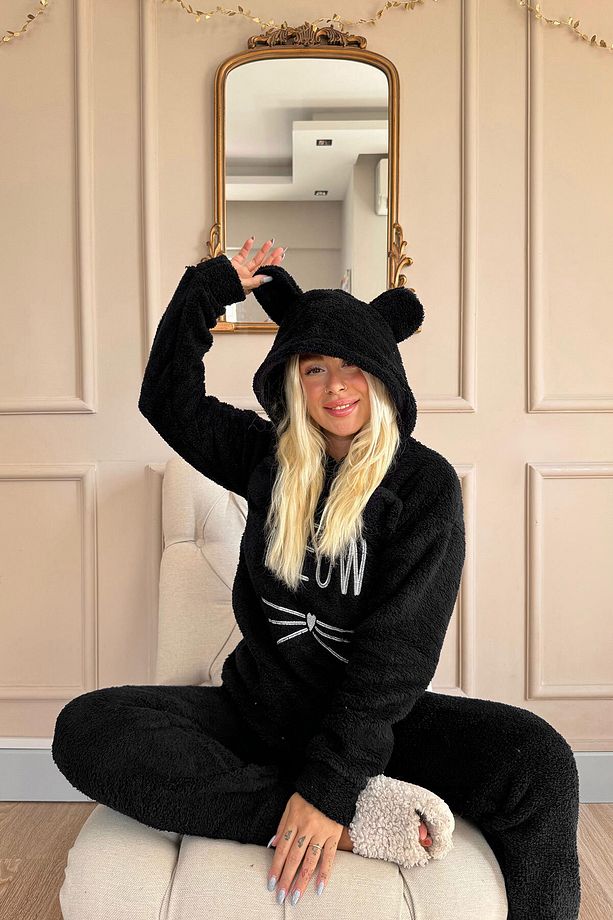Siyah Meow Desenli Tam Peluş Pijama Takımı - 3
