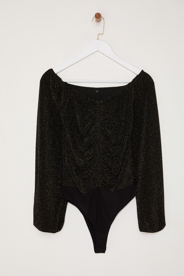 Altın Carmen Yaka Işıltılı Çıtçıtlı Simli Örme Body TPRAW24BD00016 - 7