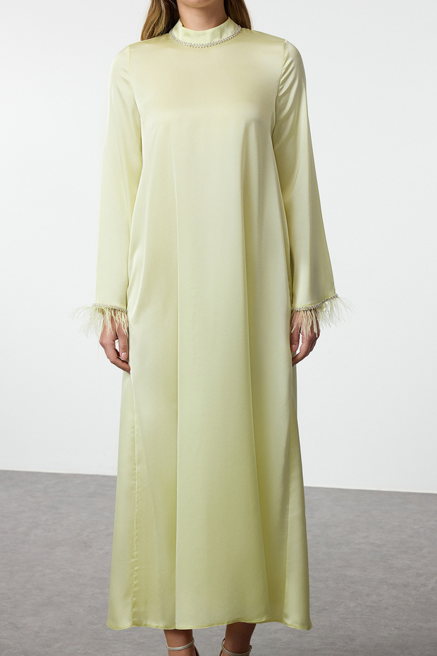 Világos Khaki Otriş részletes szatén szőtt estélyi ruha Jalabiya ruha TCTAW25DB00004 - 4