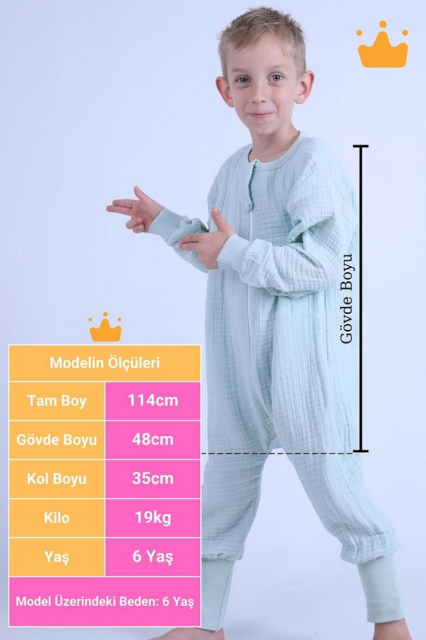 2-8 Yaş 1 Tog 4 Katlı Müslin Çocuk Uyku Tulumu Unisex Uzun Kollu Uyku Tulumu - 3