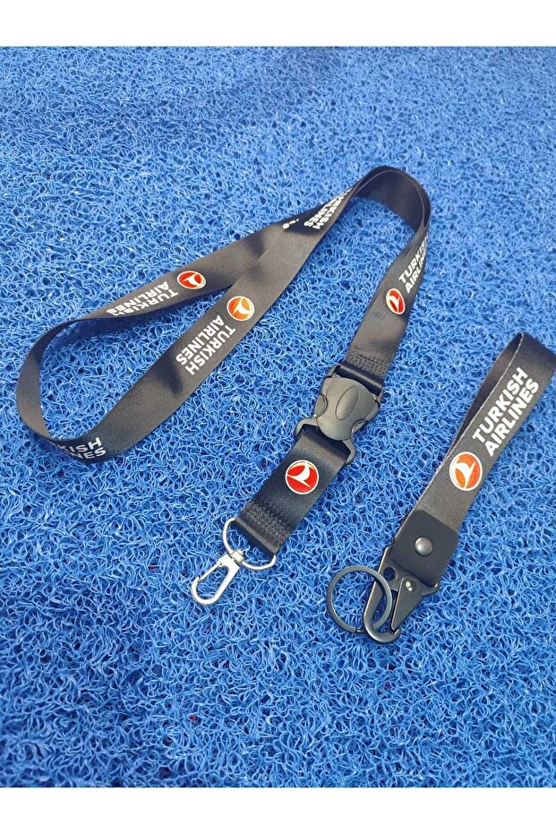 Turkish Airlines Black Keychain and Neck Strap Lanyard Set - Motor Compatible Quality Accessory