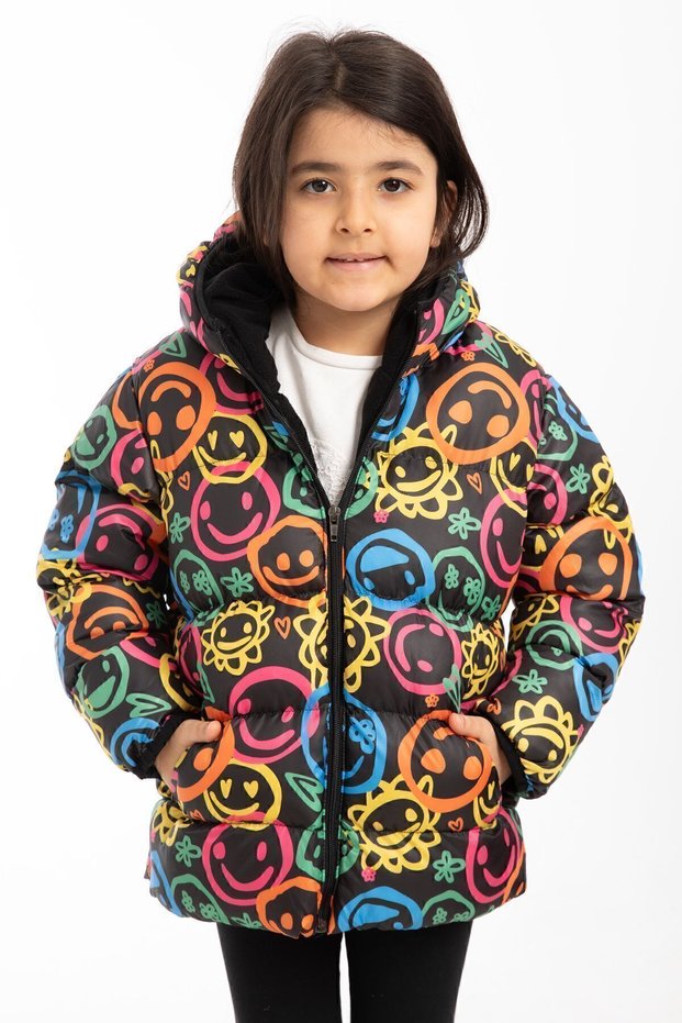 Girl's Smiling Emoji Fleece Lined Waterproof and Windproof Winter Inflatable Coat with Hood and Pockets