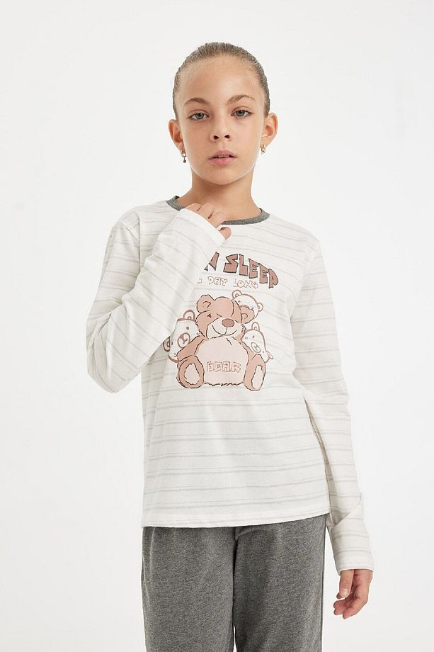 Kız Çocuk Pijama Takımı Ayı Baskılı Uzun Kollu Üst Uzun Alt D2115a824au - 5
