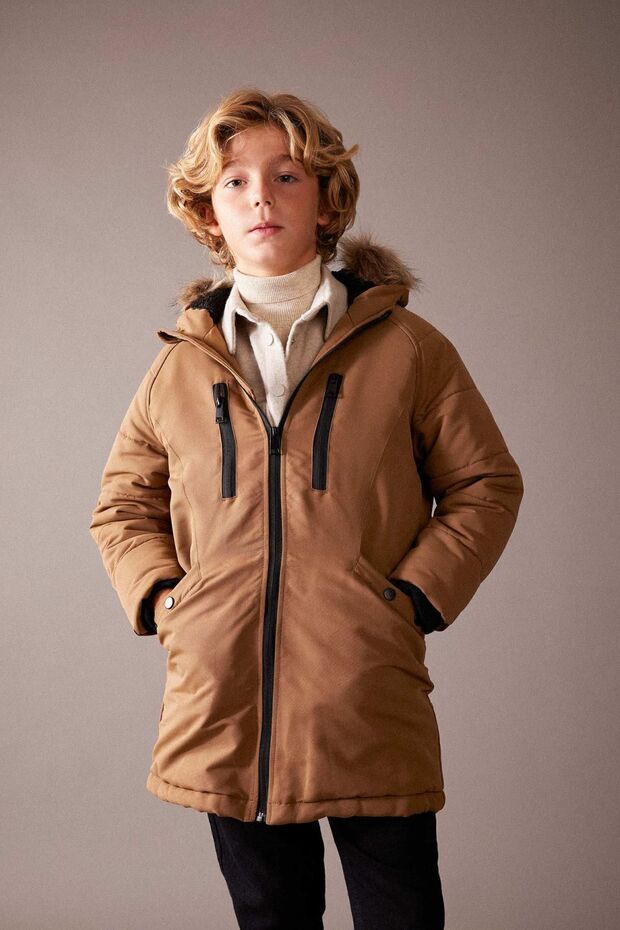 Erkek Çocuk Su İtici Çıkarılabilir Kürklü Kapüşonlu Pelüş Astar Kaban A2733A823CW - 3