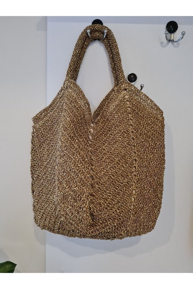 Gold Straw Colored Large Handle Beach Bag Hand Knitted