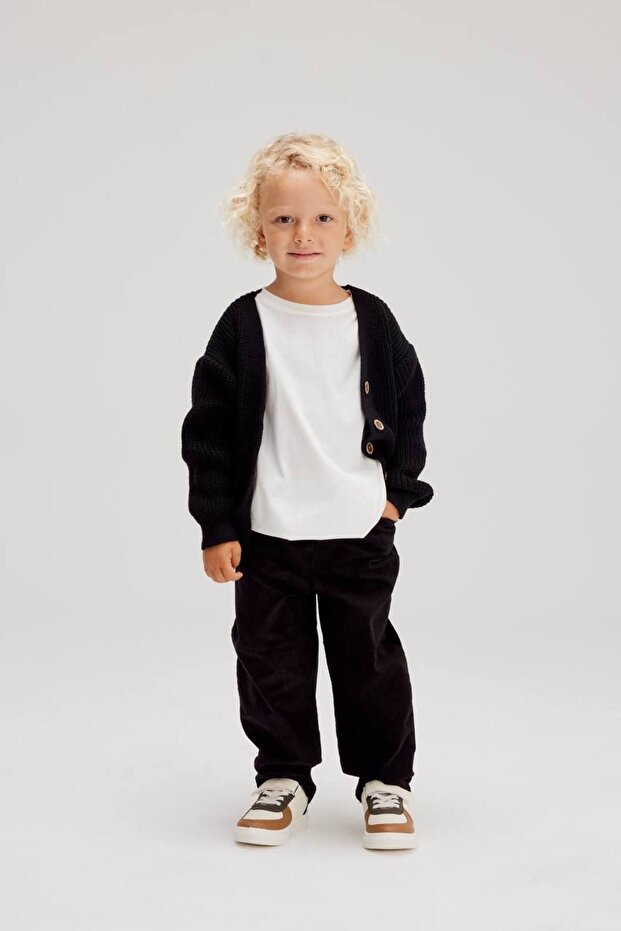 Boy's black velvet pants knit button-down cardigan top and bottom set - 2 piece