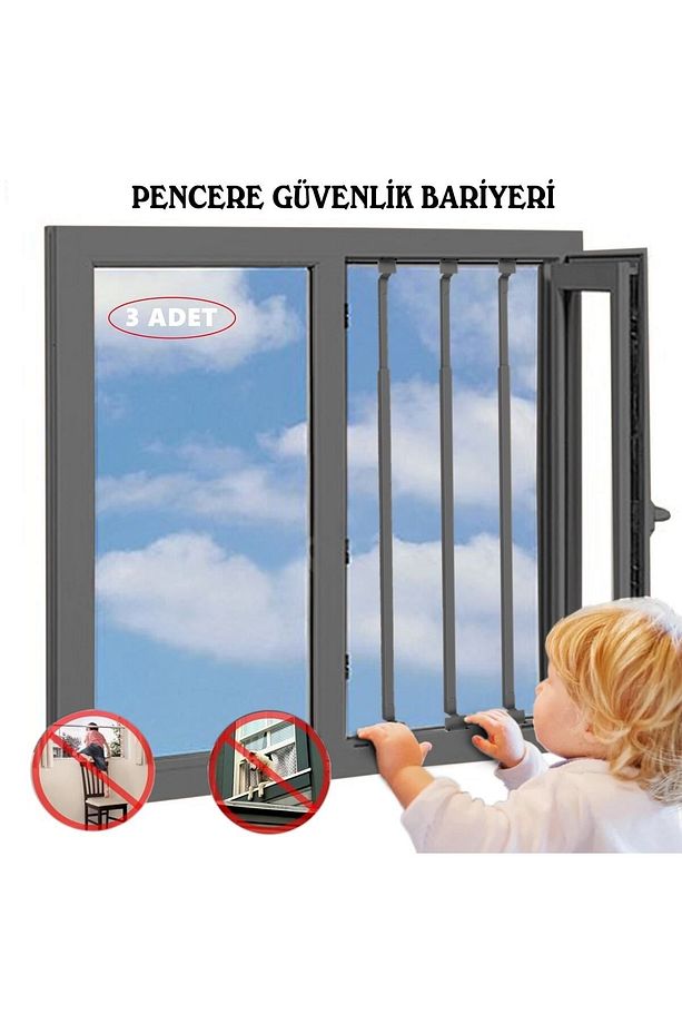Antrasit Gri Pencere Kilidi 3 Adet - Pencere Güvenlik Bariyeri - Uzayıp Kısalan Demir Korkuluk - 4