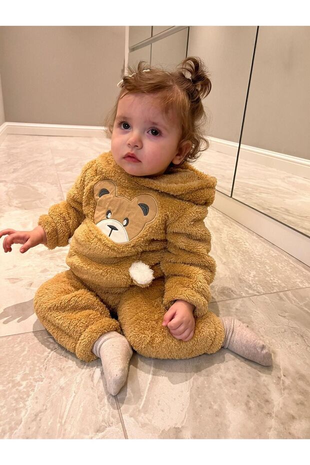 Winter Teddy Bear Patterned Welsoft Luxury Baby Set with Plush Pocket Hood