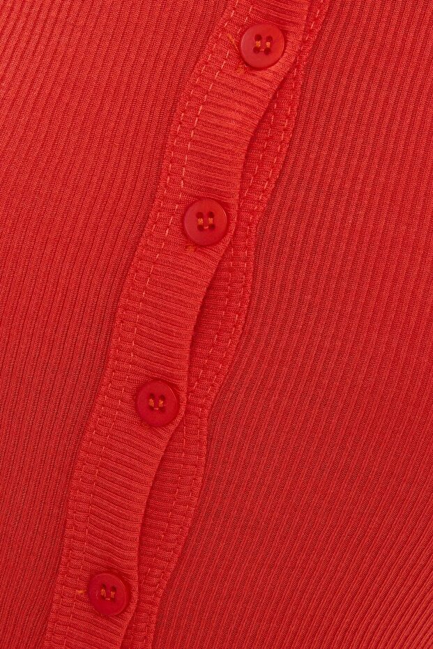 Düğme Detaylı Bisiklet Yaka Dokuma Üst - 5