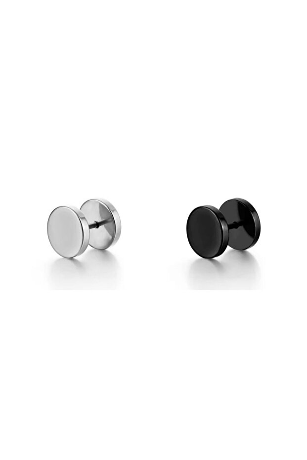 Unisex Black and Silver Tunnel-Look Set of 2 Steel Earrings