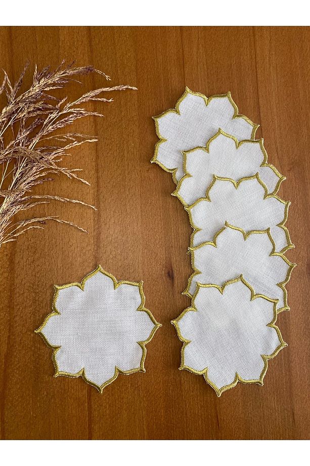 Linen Keten Gold Renk Yıldız Desenli 6 Adet Etamin İşlemeye Uygun Kokteyl Sunum Peçetesi - 1