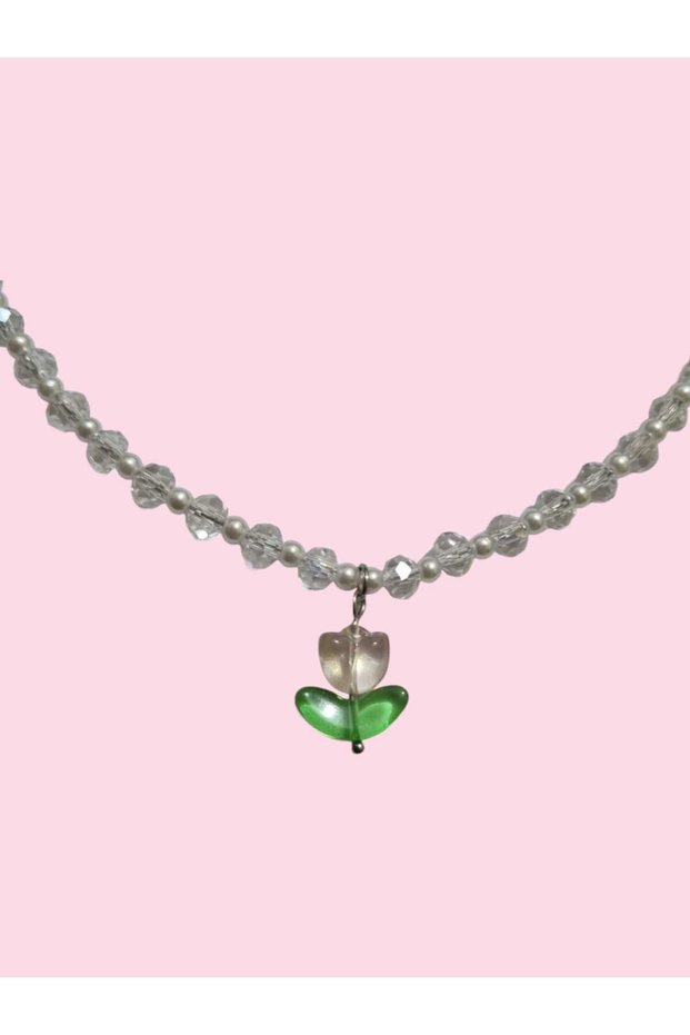 Tulip Charm Dainty Minimal Crystal & Pearl Necklace Y2K Steel (Choker Length 35cm + 8cm Extension Chain)
