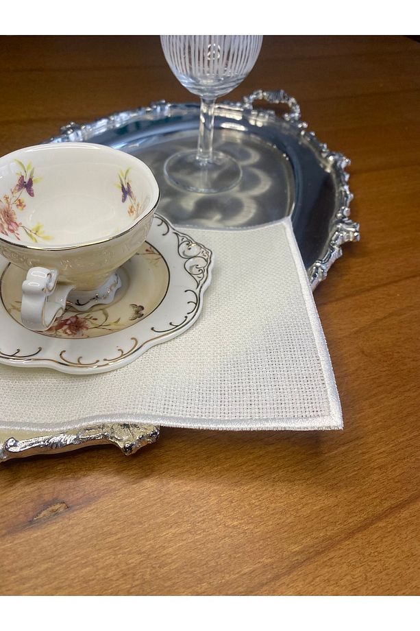 Linen Keten Ekru Nakış İşlemeli 6 Adet Kare Etamin İşlemeye Uygun Kokteyl Sunum Peçetesi - 3