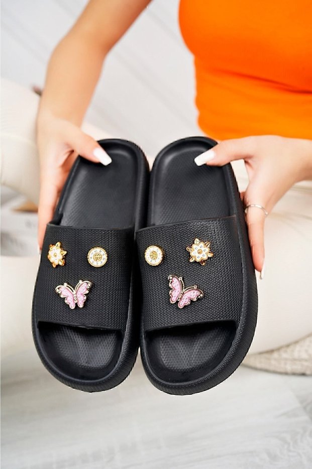 Women's Black Stone Daily Beach Sea Pool Slippers Gel