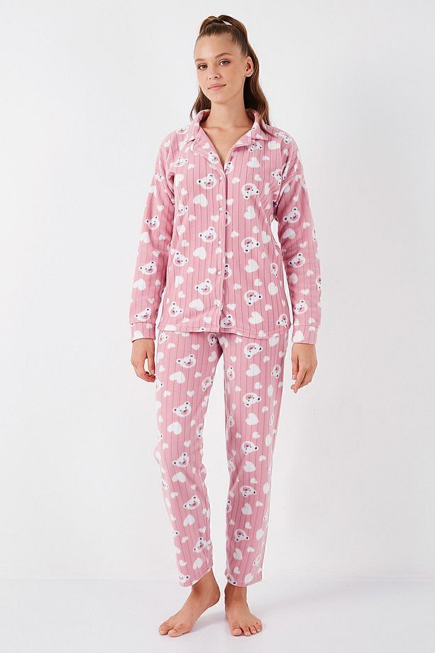 Standart Fit Düğmeli Polarlı Pijama Takımı  PİJAMA TAKIMI 6095617 - 2