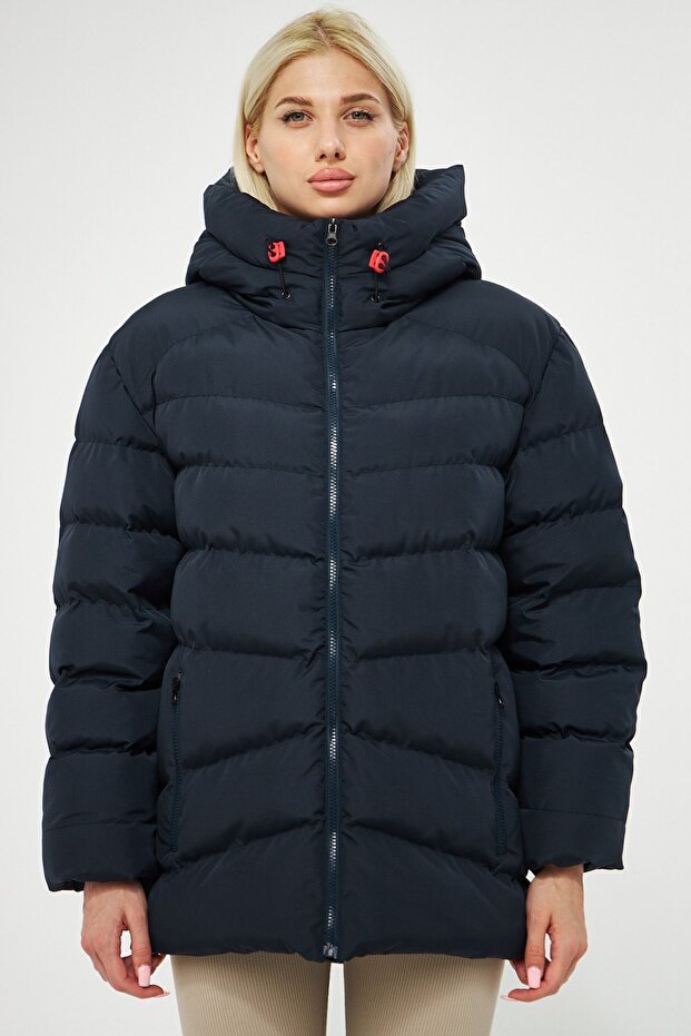 Women's Navy Fiber Hooded Windproof Puffer Winter Coat
