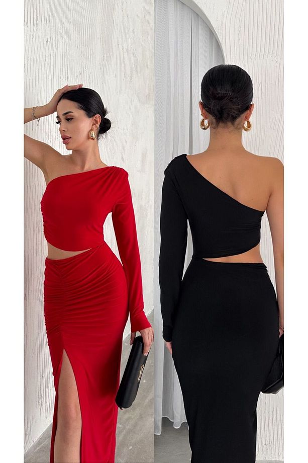 Bel Dekolteli Tek Kol Hafif Omuz Büzgülü Yırtmaçlı Drape Detaylı Astarlı Elbise - 4