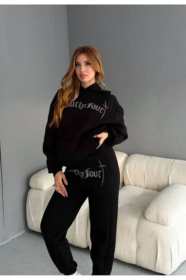 Unisex Oversize Taşlı Alt Üst Eşofman Takım - 3