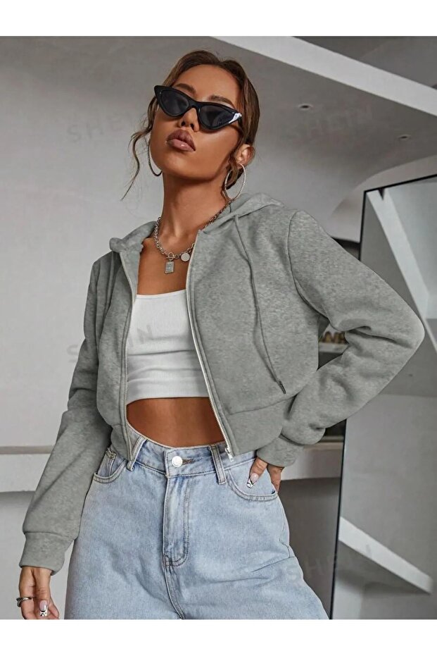 Women's Hooded Zippered Winter Crop Cardigan 3 Thread Threaded