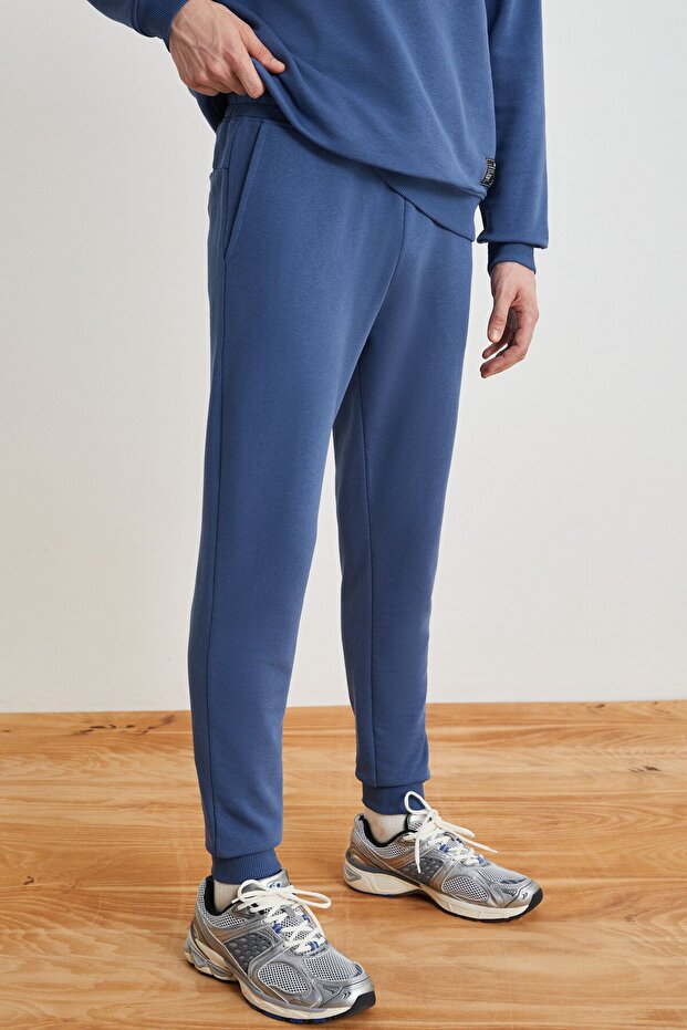 Walfred Men's 100% Organic Cotton 3 Thread Ribbed Free Front Ribbed Navy Blue Sweatpants