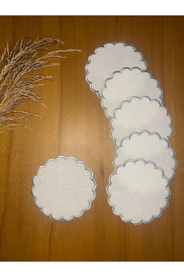 Linen Keten Gümüş Renk  Papatya Desenli Etamin İşlemeye Uygun 6 Adet Kokteyl Sunum Peçetesi - 1