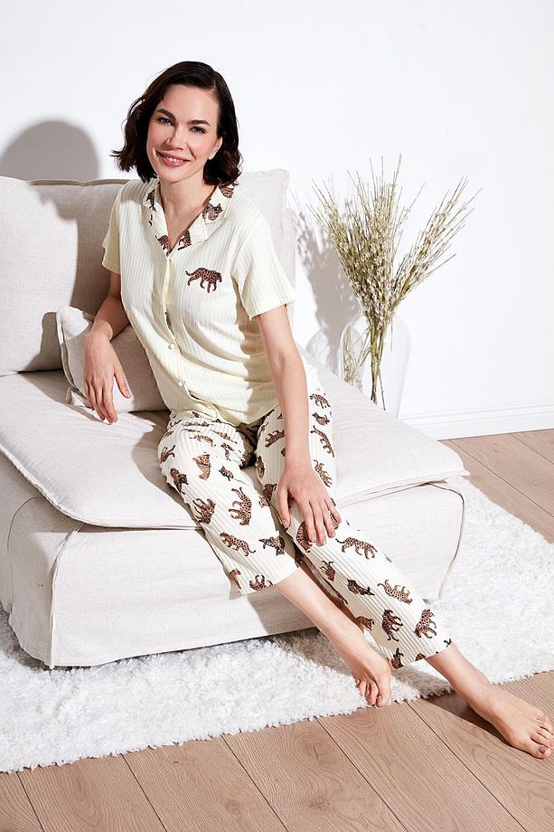 Regular Fit Gömlek Yaka Kısa Kollu Pijama Takımı Pijama Takımı 65740102 - 1