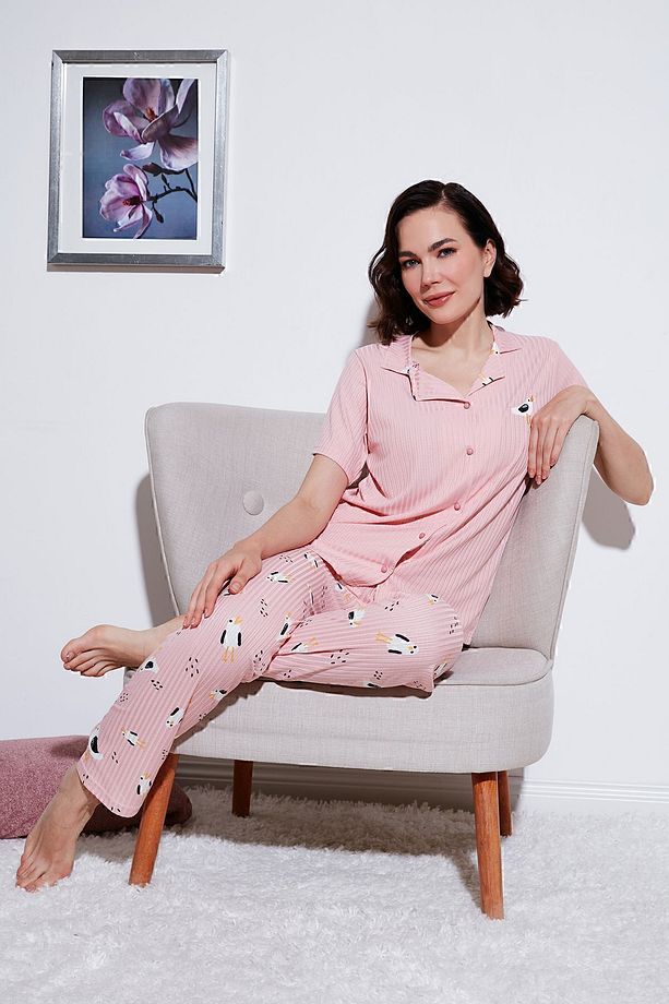 Regular Fit Gömlek Yaka Kısa Kollu Pijama Takımı Pijama Takımı 65740102 - 1
