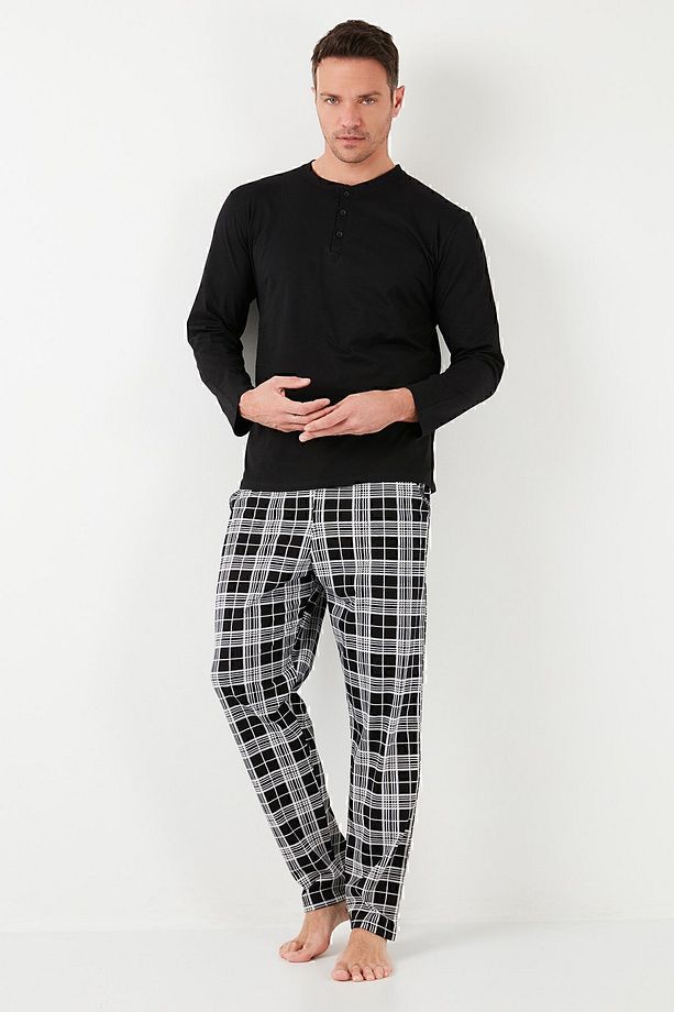 Ekoseli Pamuklu Beli Lastikli Regular Fit Uzun Kollu Pijama Takımı Erkek PİJAMA TAKIMI 65720 - 7