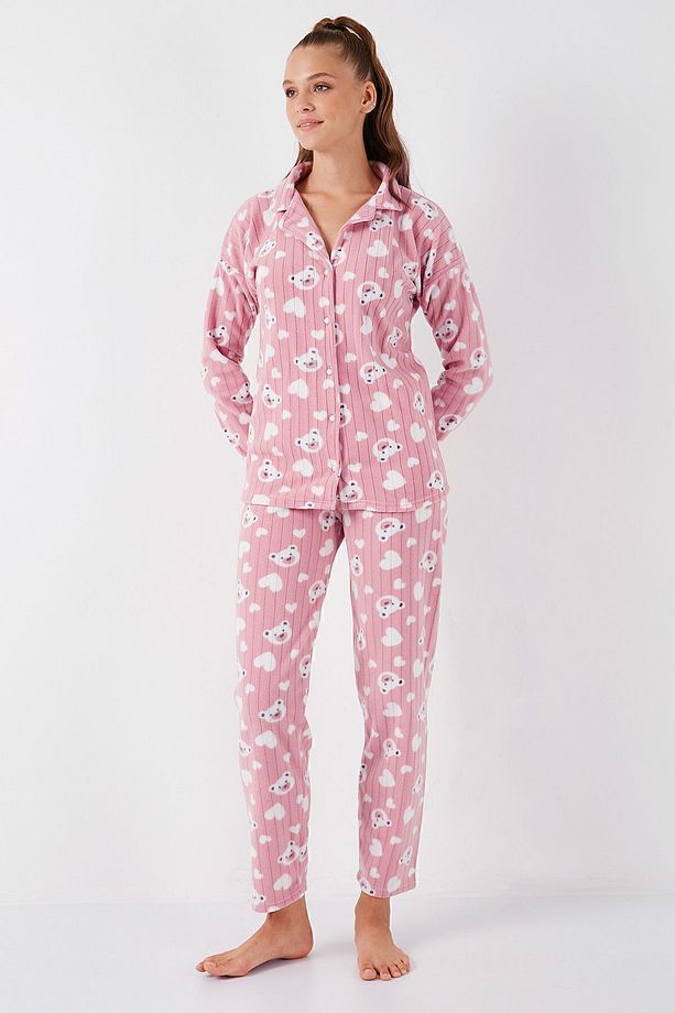 Standart Fit Düğmeli Polarlı Pijama Takımı  PİJAMA TAKIMI 6095617 - 3