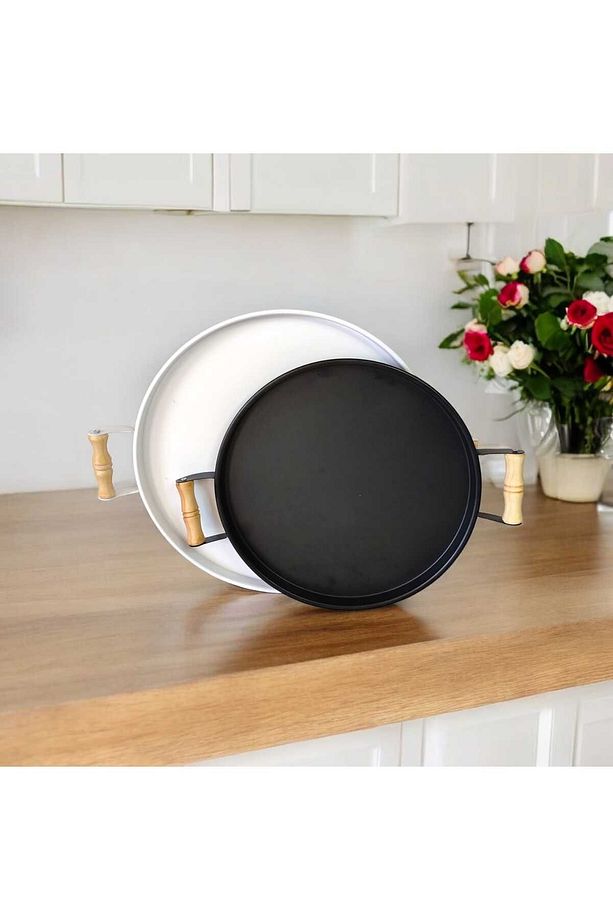 Tepsi 2'li Tepsi Seti-ahşap Kulplu 30-37 Cm Metal Çay Tepsisi Kahve Tepsisi Sunum Kahvaltı Tepsisi - 2
