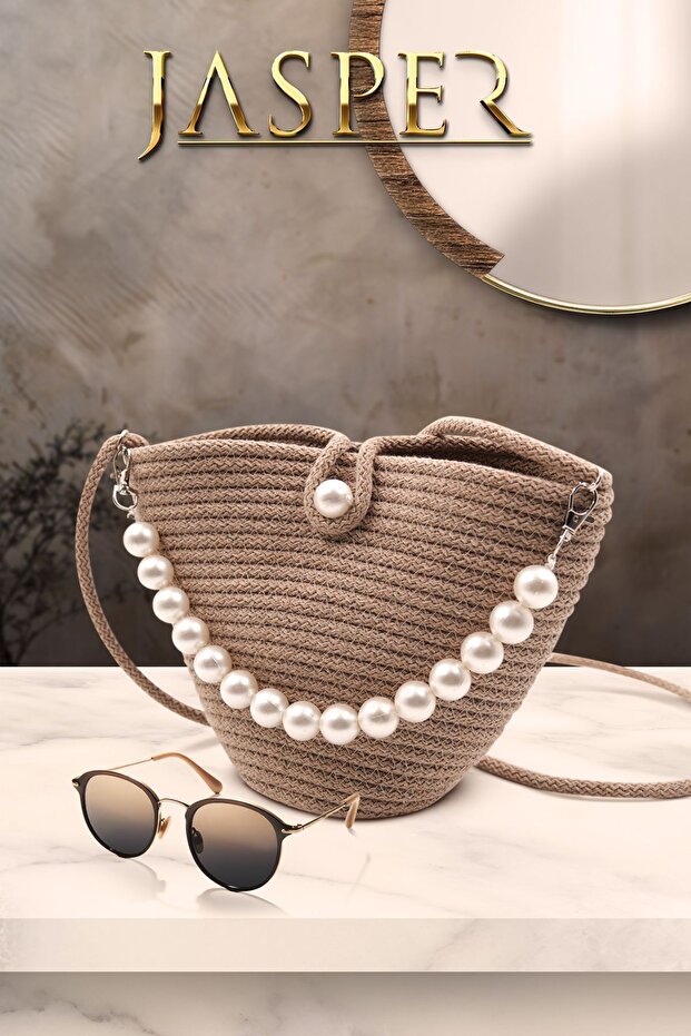 Jute Brown Custom Design Pearl Embellished Women's Shoulder Bag
