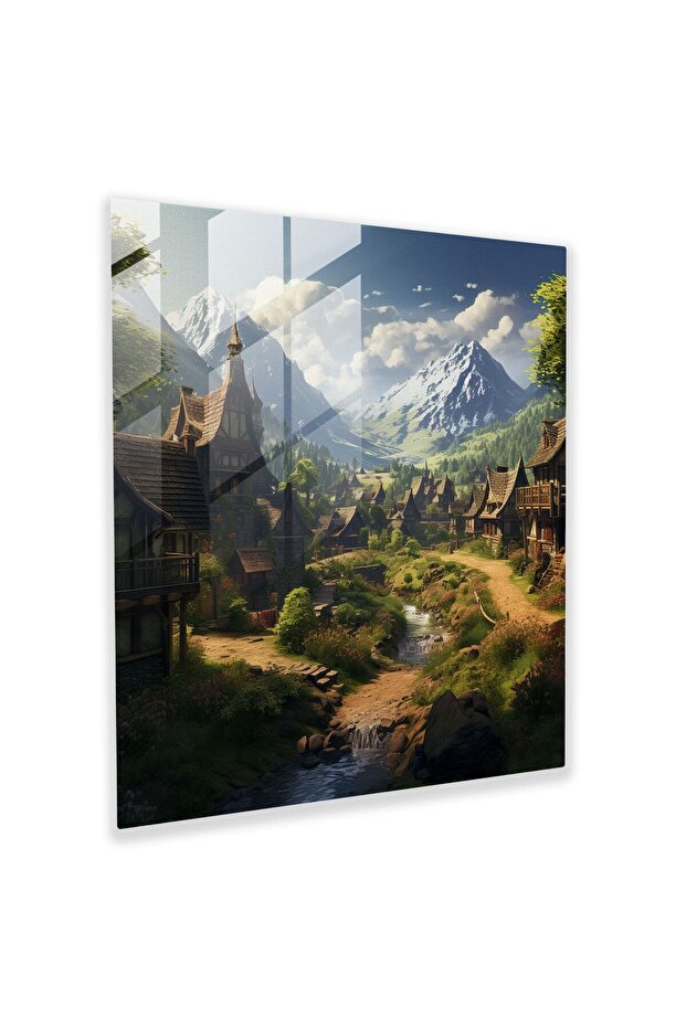 Mountain Village Glass Painting - Village, Home Decor, Serene, Glass Art