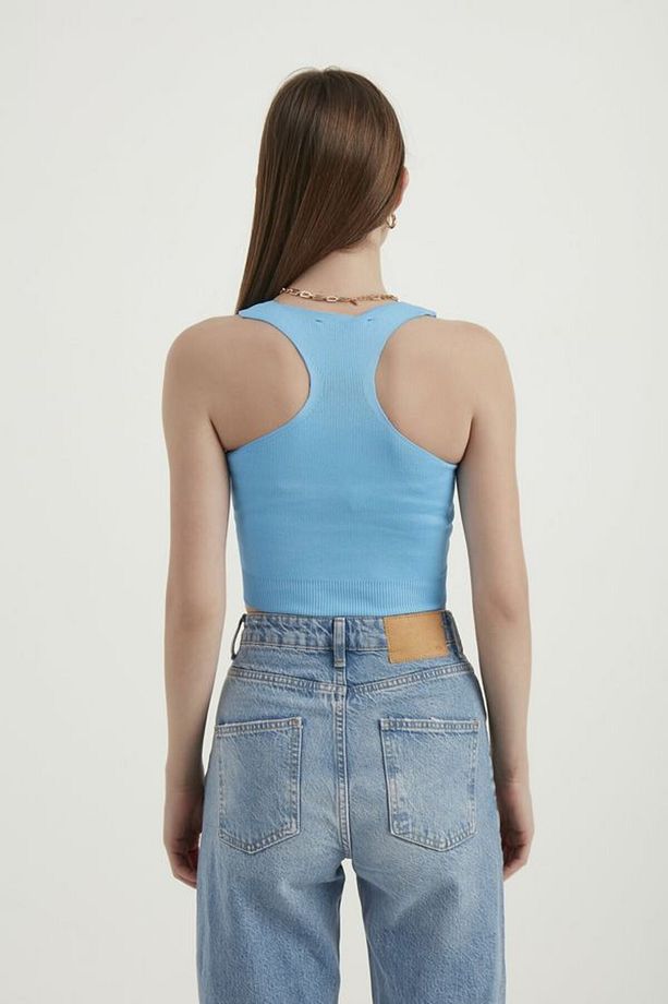 Kare Yaka Kolsuz Basic Dokuma Crop Top - 4