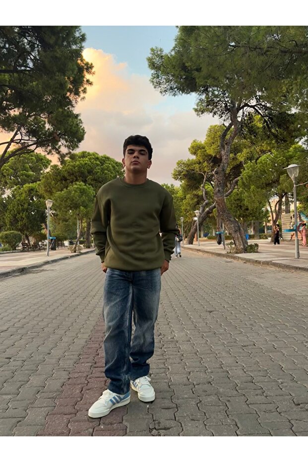 Haki Yeşil Düz Basic Oversize Sweatshirt - 4