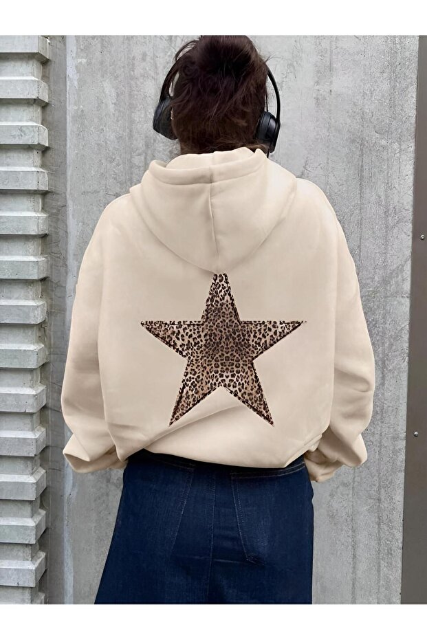 Beige Navy Blue Back Leopard Printed Hooded Unisex Sweatshirt Hodie