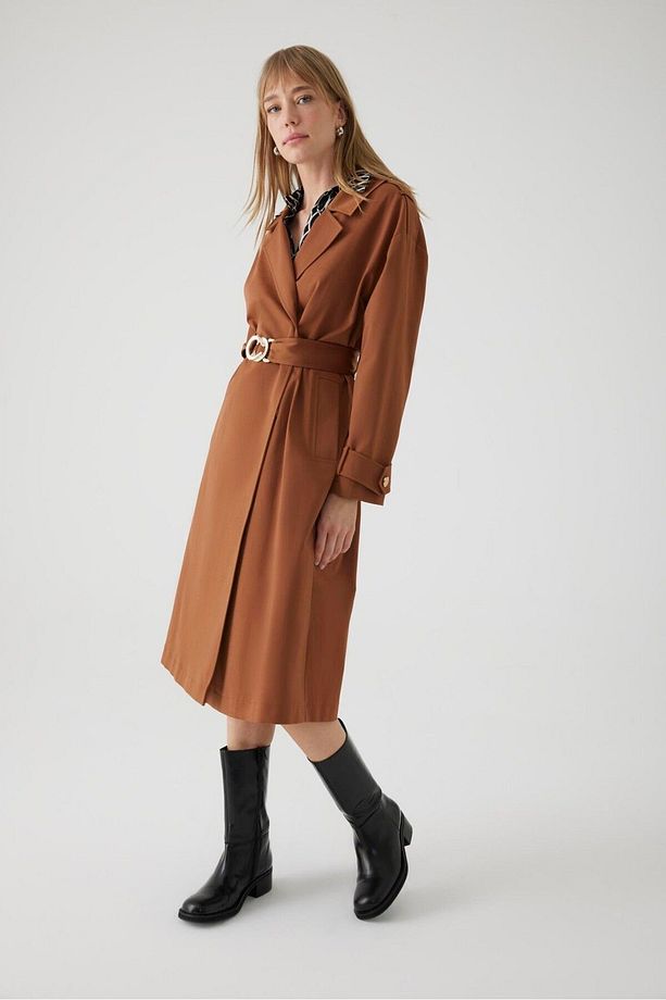 Kuşaklı Pamuklu Cepli Regular Camel Trençkot - 7