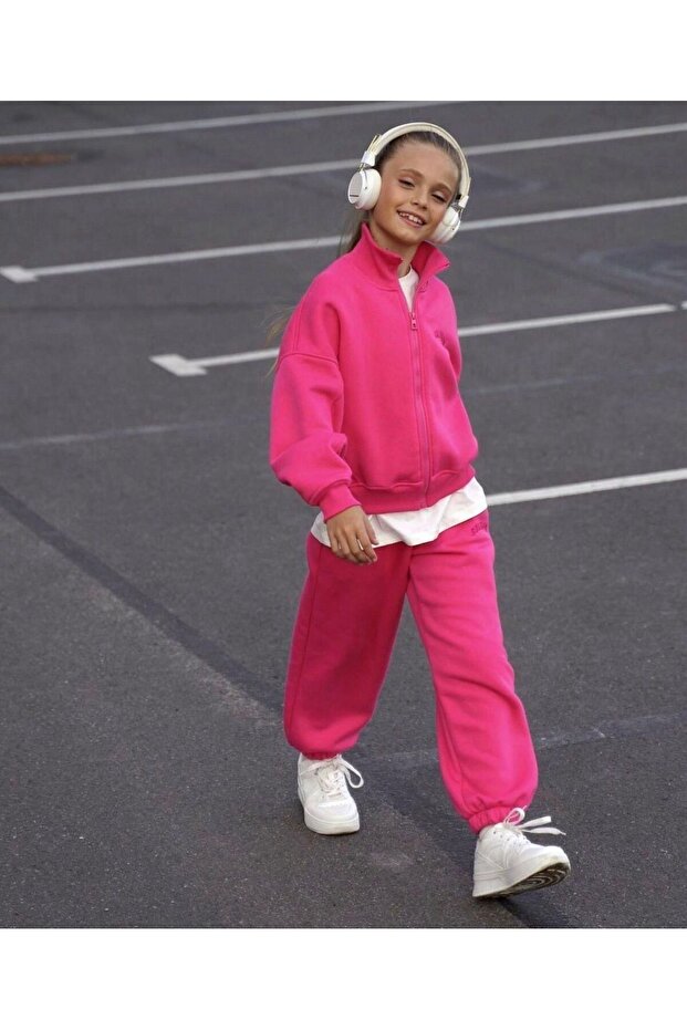 Children's Pink Zippered Oversize Cardigan Tracksuit Set
