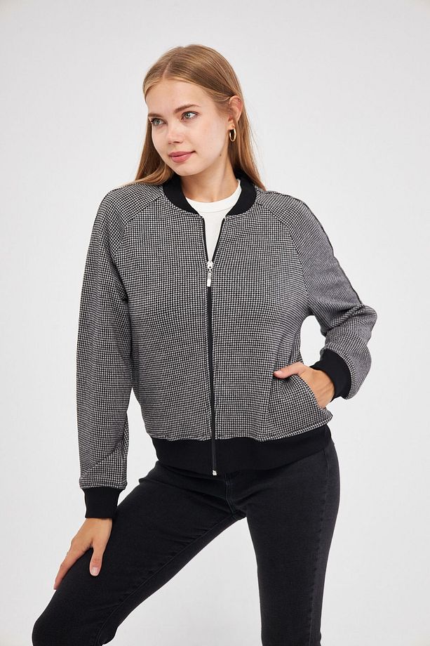 Kadın Jakarlı Kumaş  Reglan Kol Bomber Fermuarlı Ceket - 4