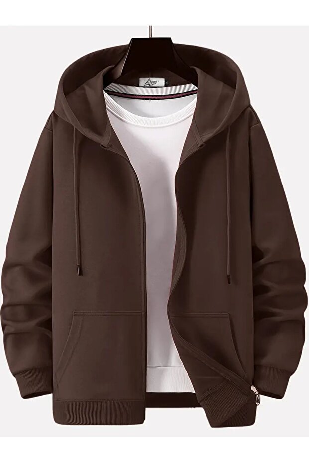 Unisex Brown Full Zipper Hooded Jacket