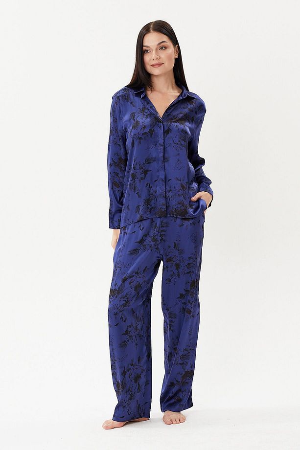 Desenli %100 Saf Ipek Gömlek ve Pijama Takımı - 4