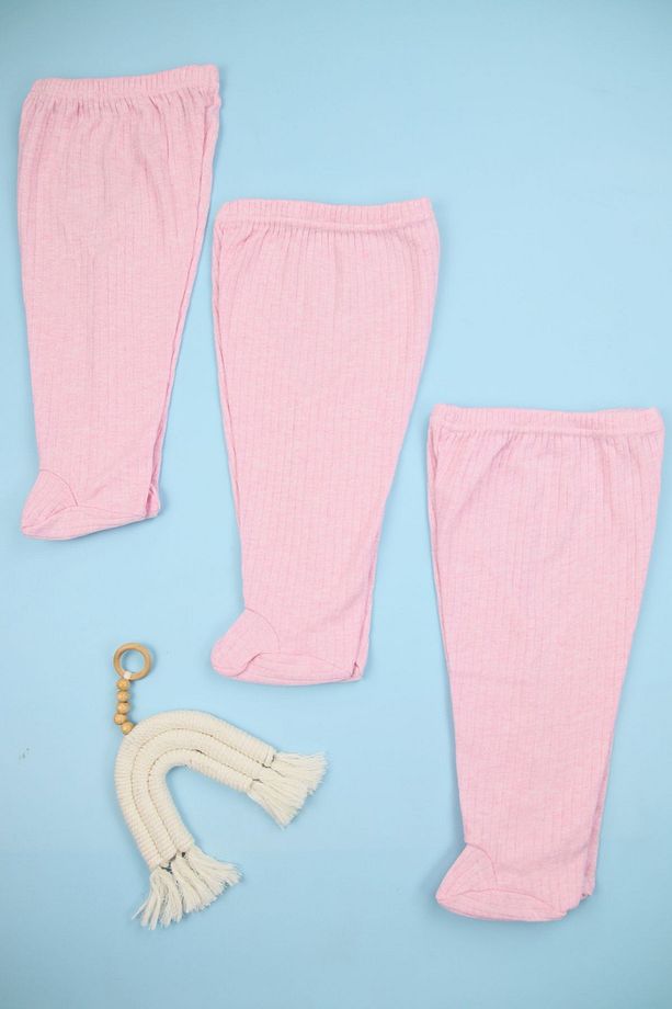 Fitilli Kumaş %100 Pamuk 3'lü Patikli Pembe Bebek Tek Alt Seti, Bebek Pijama Altı - 1