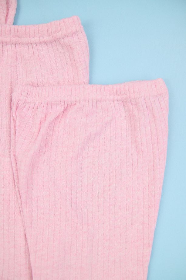 Fitilli Kumaş %100 Pamuk 3'lü Patikli Pembe Bebek Tek Alt Seti, Bebek Pijama Altı - 3
