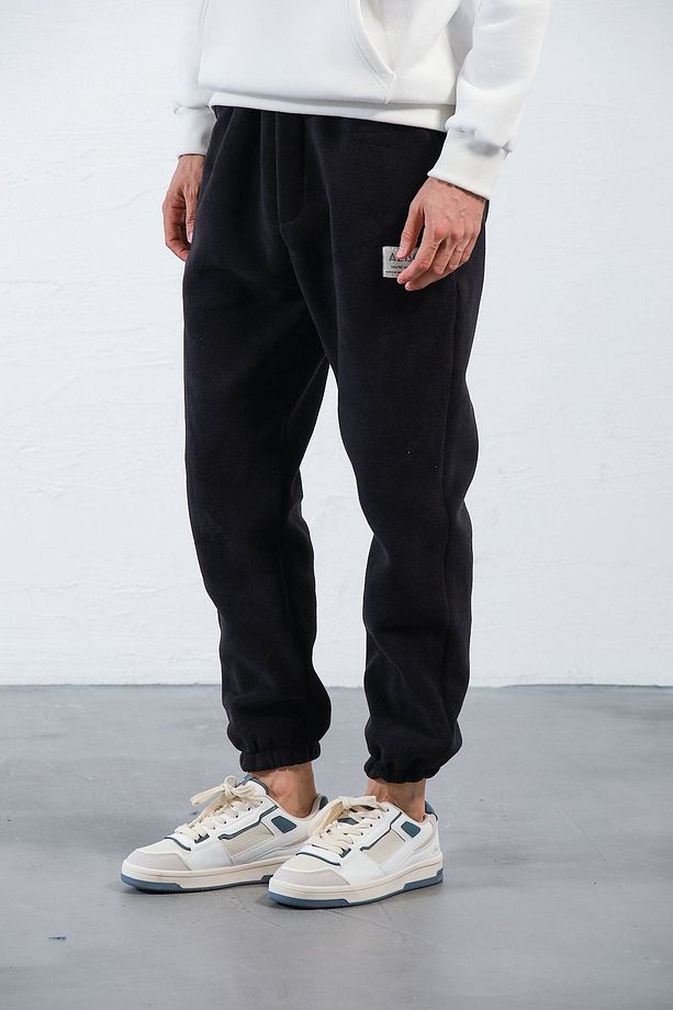 Erkek Siyah Polar Kumaş Oversize Eşofman Altı - 6