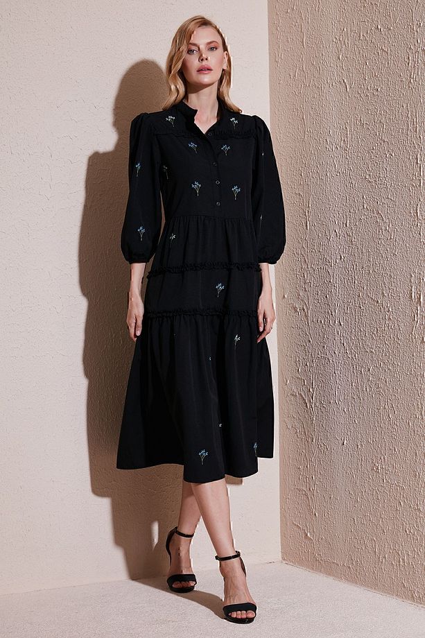 Regular Fit Truvakar Kollu Midi Dokuma Elbise  ELBİSE 611EL0882 - 1