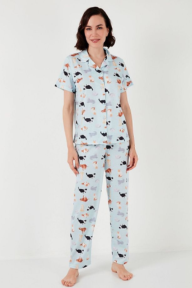 Desenli Kısa Kollu Beli Lastikli Gömlek Yaka Dokuma Regular Fit Pijama Takımı Pijama Takı - 8